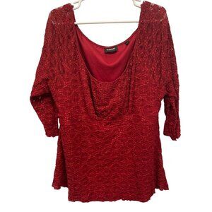 Avenue Stretch Red Lace Top Shirt  Size 18/20 Lined For Women 3/4 sleeve
